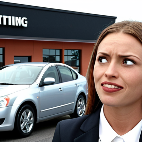 Home 14 A confused consumer standing in front of a sleek car dealership, overwhelmed by the salesperson's jargon and flashing advertisements. Focus on the asymmetry of information, with the salesperson smirking knowingly. In the style of a realistic, slightly cynical illustration. This visualizes "Information Asymmetry".