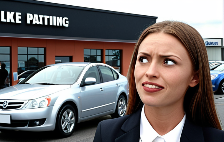 A confused consumer standing in front of a sleek car dealership, overwhelmed by the salesperson's jargon and flashing advertisements. Focus on the asymmetry of information, with the salesperson smirking knowingly. In the style of a realistic, slightly cynical illustration. This visualizes "Information Asymmetry".