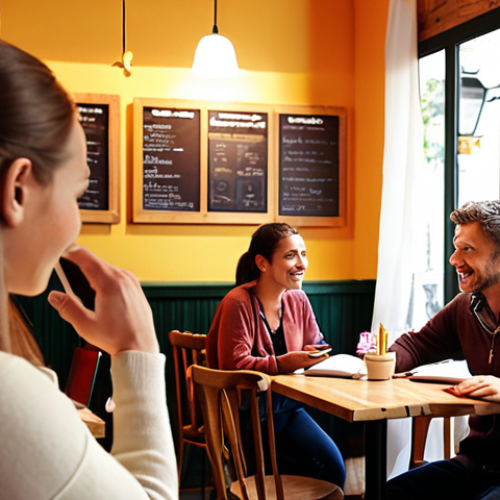 Home 7 Customer Listening Session at a Café**
A vibrant scene at a cozy café. A friendly café owner is actively listening to customers providing feedback during an open-door day. Diverse customers are engaged in conversation, with notepads and tablets visible. The atmosphere is warm and inviting, emphasizing the cafe's commitment to customer feedback. Focus on warm lighting and genuine interactions.
**