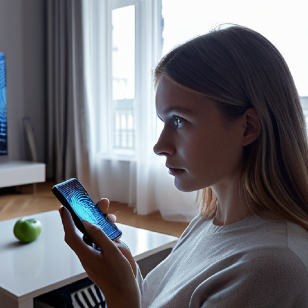 **A modern Russian consumer, mid-30s, looking thoughtfully at a glowing smartphone screen. The screen projects abstract, personalized product recommendations and data streams around them, depicted as ethereal, semi-transparent digital lines and subtle AI neural network patterns. The background is a soft-focus modern Russian apartment living room, with a blend of comfortable, familiar items and the pervasive digital influence. The image should convey the feeling of AI's deep personalization and its invisible guidance in purchasing decisions, hinting at cognitive biases with subtle visual cues like a fleeting "limited offer" ghosted text.**