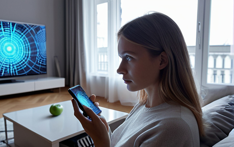 **A modern Russian consumer, mid-30s, looking thoughtfully at a glowing smartphone screen. The screen projects abstract, personalized product recommendations and data streams around them, depicted as ethereal, semi-transparent digital lines and subtle AI neural network patterns. The background is a soft-focus modern Russian apartment living room, with a blend of comfortable, familiar items and the pervasive digital influence. The image should convey the feeling of AI's deep personalization and its invisible guidance in purchasing decisions, hinting at cognitive biases with subtle visual cues like a fleeting "limited offer" ghosted text.**