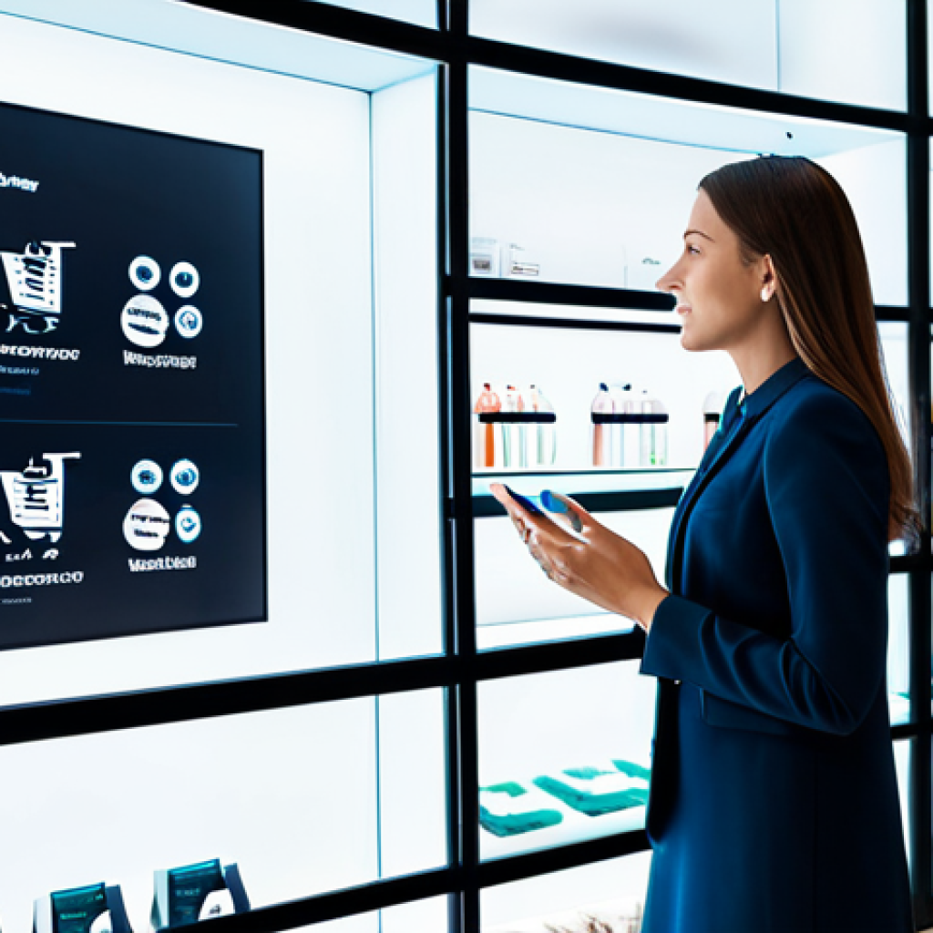 A professional female customer, fully clothed in a modest business casual outfit, stands in a sleek, modern retail store. She is gracefully interacting with a large transparent display screen that shows hyper-personalized product recommendations, surrounded by visually flowing data streams. The store features clean lines, soft ambient lighting, and minimalistic design elements, emphasizing a seamless and intuitive shopping experience. perfect anatomy, correct proportions, natural pose, well-formed hands, proper finger count, safe for work, appropriate content, professional dress, high-resolution, futuristic photography, sharp focus, detailed.