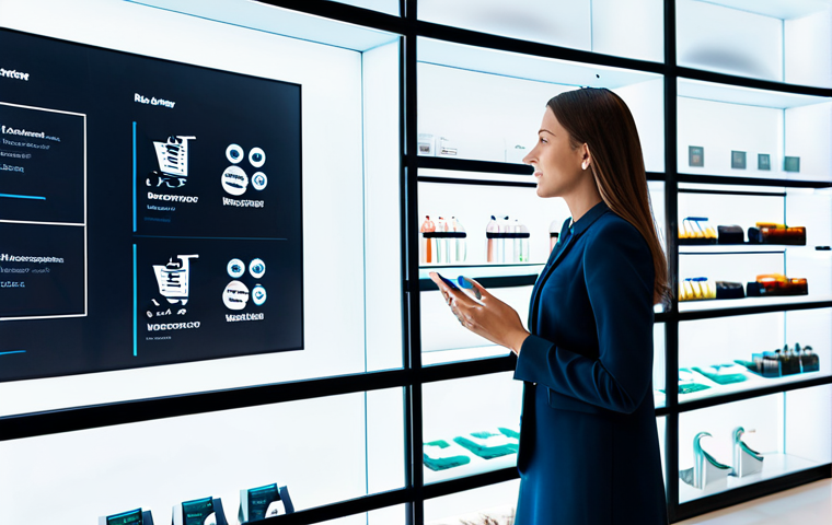 A professional female customer, fully clothed in a modest business casual outfit, stands in a sleek, modern retail store. She is gracefully interacting with a large transparent display screen that shows hyper-personalized product recommendations, surrounded by visually flowing data streams. The store features clean lines, soft ambient lighting, and minimalistic design elements, emphasizing a seamless and intuitive shopping experience. perfect anatomy, correct proportions, natural pose, well-formed hands, proper finger count, safe for work, appropriate content, professional dress, high-resolution, futuristic photography, sharp focus, detailed.