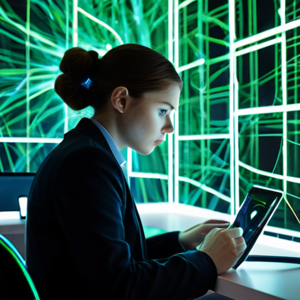 A focused young professional, fully clothed in a modest business casual outfit, sits at a modern desk. They are looking intently at a tablet screen, a faint digital glow illuminating their face, conveying a sense of vigilance and slight concern. The background is an abstract "digital jungle" – a blend of glowing network lines, abstract data streams, and faint, complex UI elements, subtly hinting at hidden complexities and information overload in online transactions. The overall atmosphere is clean, futuristic, but with an underlying sense of caution. Professional photography, soft ambient lighting, high resolution, sharp focus. Fully clothed, modest clothing, appropriate attire, professional dress, perfect anatomy, correct proportions, natural pose, well-formed hands, proper finger count, natural body proportions, safe for work, appropriate content, family-friendly.