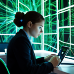 A focused young professional, fully clothed in a modest business casual outfit, sits at a modern desk. They are looking intently at a tablet screen, a faint digital glow illuminating their face, conveying a sense of vigilance and slight concern. The background is an abstract "digital jungle" – a blend of glowing network lines, abstract data streams, and faint, complex UI elements, subtly hinting at hidden complexities and information overload in online transactions. The overall atmosphere is clean, futuristic, but with an underlying sense of caution. Professional photography, soft ambient lighting, high resolution, sharp focus. Fully clothed, modest clothing, appropriate attire, professional dress, perfect anatomy, correct proportions, natural pose, well-formed hands, proper finger count, natural body proportions, safe for work, appropriate content, family-friendly.