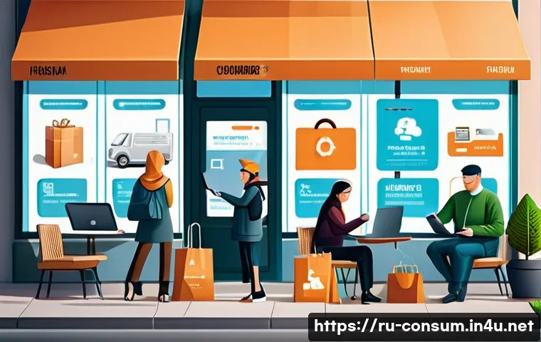 소비자 보호 관련 주요 연구와 학문적 기여 사례 - A modern digital marketplace scene illustrating consumer protection in e-commerce: a diverse group o...