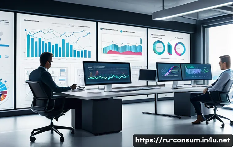 소비자중심 경영을 통한 고객 만족도 향상 - A modern office scene showing a diverse team of professionals analyzing customer data on multiple di...