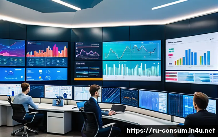 소비자 보호와 관련된 혁신적 연구 동향과 사례 분석 - A modern bank’s high-tech control center showcasing multiple large digital screens displaying real-t...