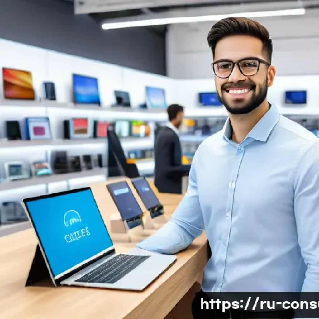 소비자전문기술사와 관련된 자격증 비교 - A professional consumer technology specialist consulting customers in a modern electronics store, we...