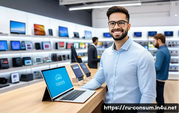 소비자전문기술사와 관련된 자격증 비교 - A professional consumer technology specialist consulting customers in a modern electronics store, we...
