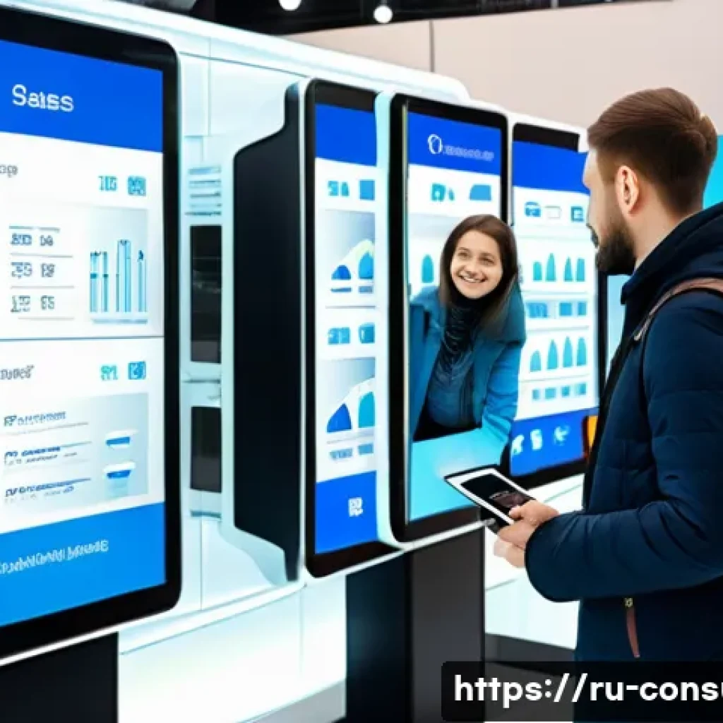 소비자 행동 데이터를 활용한 비즈니스 혁신 사례 연구와 분석 - A modern retail store scene in Russia showcasing customers interacting with personalized digital kio...