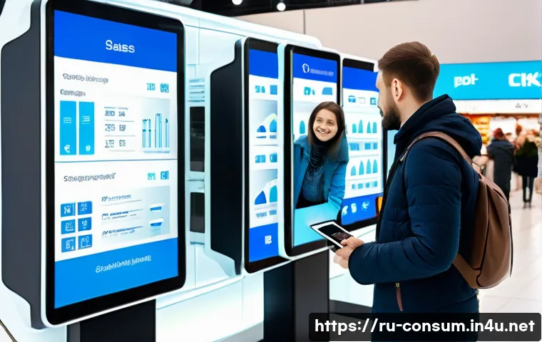 소비자 행동 데이터를 활용한 비즈니스 혁신 사례 연구와 분석 - A modern retail store scene in Russia showcasing customers interacting with personalized digital kio...
