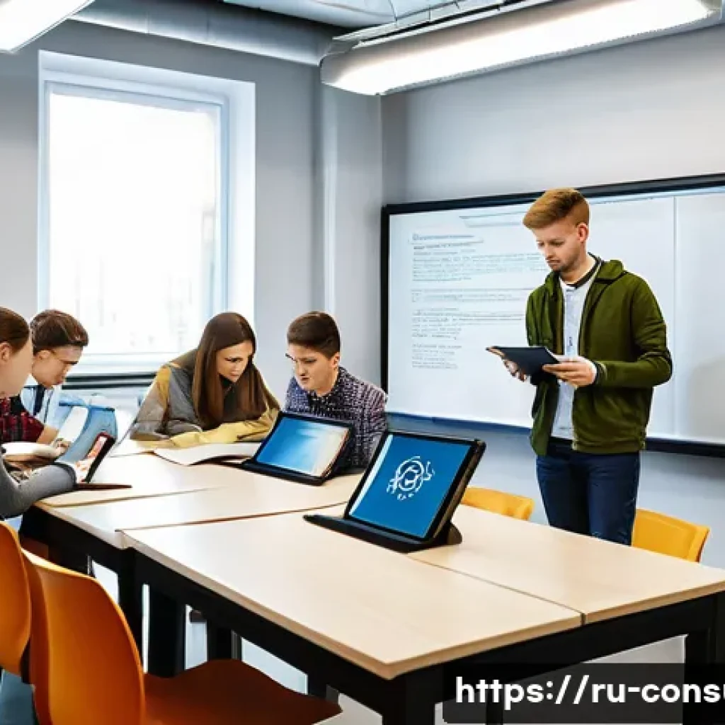 소비자전문기술사 추천 교재 - A modern classroom scene focused on consumer technology education in Russia: a diverse group of youn...