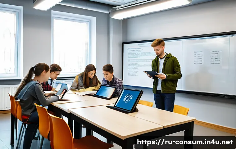 소비자전문기술사 추천 교재 - A modern classroom scene focused on consumer technology education in Russia: a diverse group of youn...