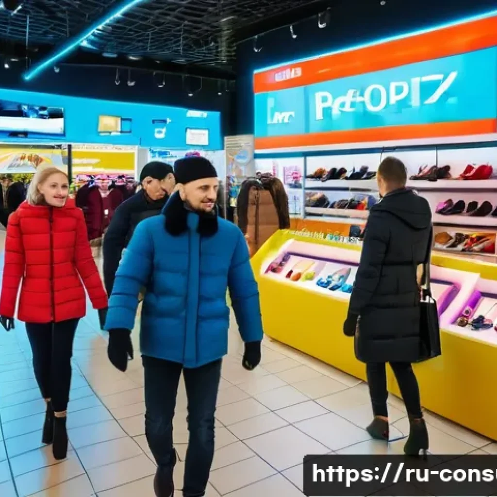 소비자 행동 데이터를 활용한 고객 분석 - A modern Russian shopping mall scene showing diverse customers browsing stylish clothing stores deco...