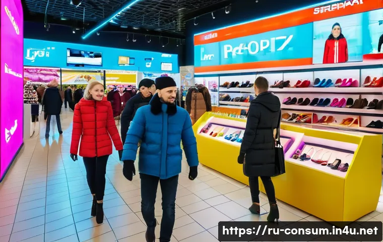 소비자 행동 데이터를 활용한 고객 분석 - A modern Russian shopping mall scene showing diverse customers browsing stylish clothing stores deco...