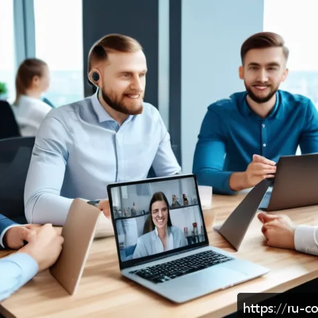 소비자전문기술사의 커뮤니케이션 스킬 - A modern office scene showing a diverse group of Russian professionals engaged in a video conference...
