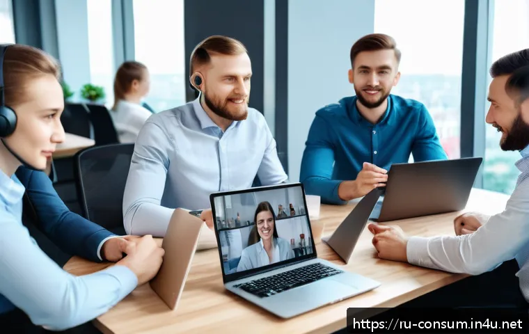 소비자전문기술사의 커뮤니케이션 스킬 - A modern office scene showing a diverse group of Russian professionals engaged in a video conference...