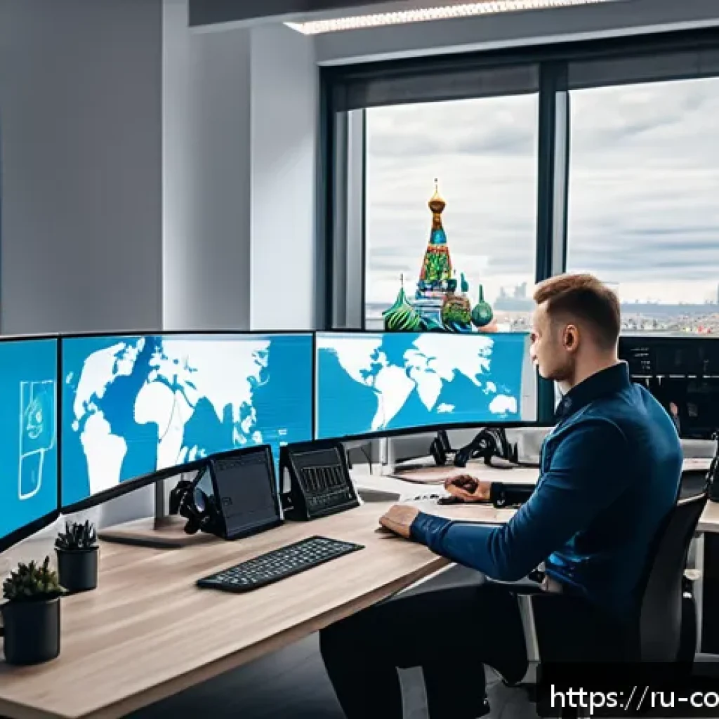 소비자전문기술사 커리어 개발 방법 - A modern Russian IT professional working in a sleek, high-tech office environment, surrounded by mul...