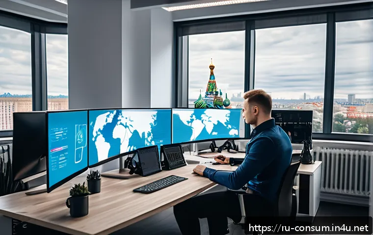 소비자전문기술사 커리어 개발 방법 - A modern Russian IT professional working in a sleek, high-tech office environment, surrounded by mul...
