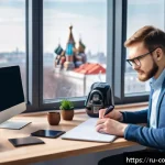 Home 22 소비자전문기술사 시험 주제별 요약 - A modern workspace scene featuring a Russian young professional studying consumer technology trends,...