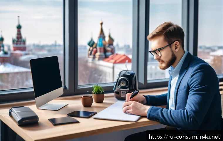소비자전문기술사 시험 주제별 요약 - A modern workspace scene featuring a Russian young professional studying consumer technology trends,...
