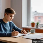 Home 19 소비자전문기술사 필기 대비 스터디 팁 - A cozy, well-lit study room in a modern Russian apartment, featuring a young adult student sitting a...