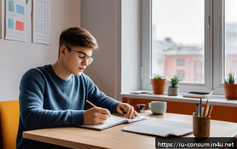 소비자전문기술사 필기 대비 스터디 팁 - A cozy, well-lit study room in a modern Russian apartment, featuring a young adult student sitting a...