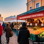 Home 18 소비자 행동 데이터를 활용한 시장 예측 - A modern Russian urban market scene at sunset, featuring diverse shoppers browsing stalls with local...