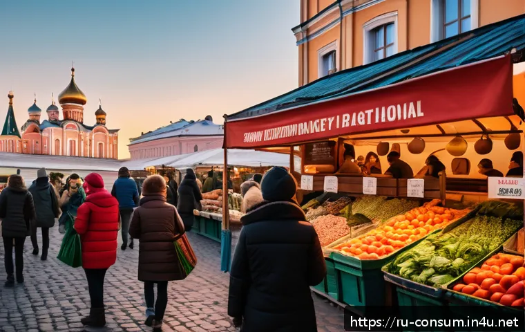 소비자 행동 데이터를 활용한 시장 예측 - A modern Russian urban market scene at sunset, featuring diverse shoppers browsing stalls with local...