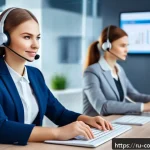 Home 23 소비자 불만 처리 프로세스 개선 사례 - A modern Russian customer service center with diverse employees attentively handling complaints via ...