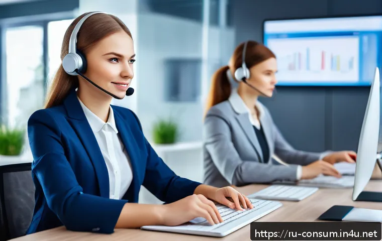 소비자 불만 처리 프로세스 개선 사례 - A modern Russian customer service center with diverse employees attentively handling complaints via ...