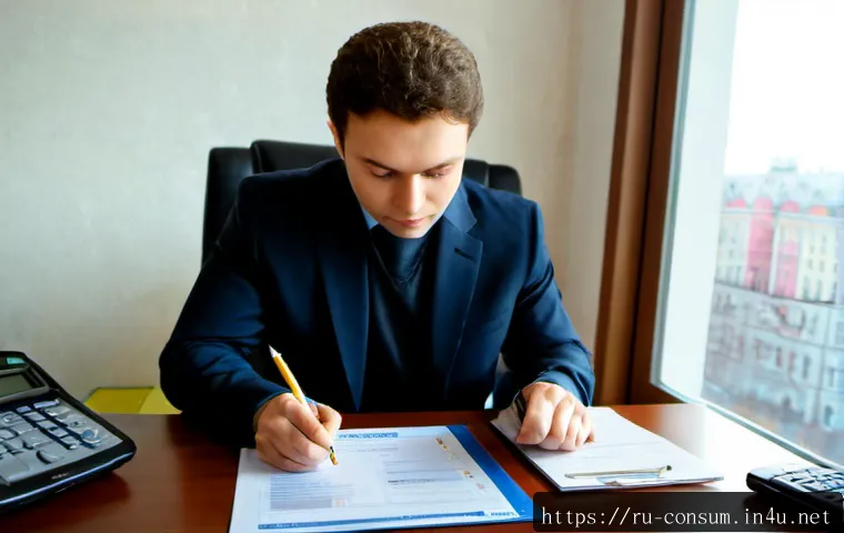 소비자전문기술사 자격 유지 요건 - Photorealistic Russian consumer protection specialist at a tidy home office desk, reviewing certific...