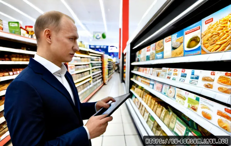 소비자 행동 데이터를 활용한 비즈니스 혁신 사례 분석 - Photorealistic modern Moscow grocery store, a Russian business manager observing anonymous customer ...
