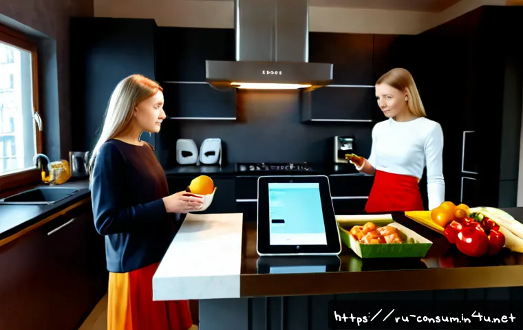 소비자 행동 변화와 마케팅 전략 - Photorealistic modern Moscow apartment kitchen, a Russian family comparing fresh groceries and onlin...
